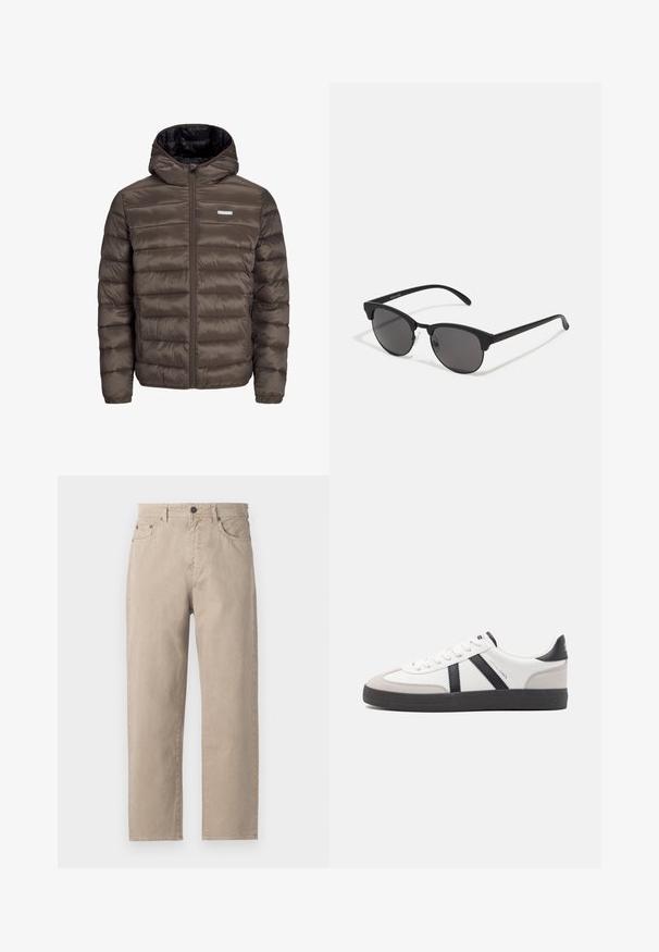 Brown, puffy, hooded jacket with a zip front, featuring horizontal stitching and two side pockets. Lined with black fabric.; Grey long-sleeve crewneck sweatshirt with "SURPLUS DNM" text printed in black on the chest and a small white label near the hem.; Beige cotton pants with a straight leg design, featuring a button closure, five pockets, and subtle stitching details. Smooth texture.; White sneaker with black and gray accents, featuring a textured gray toe cap, black rubber sole, and flat white laces. Clean design, minimalist style.; Black sunglasses with round lenses, matte finish, and distinctive cat-eye shape. Slim arms with subtle branding on the left temple.