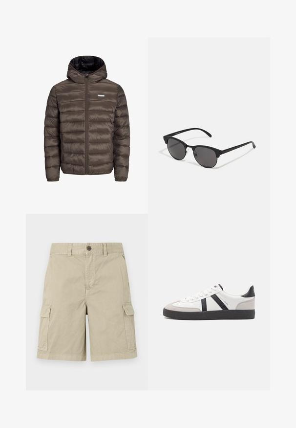 Brown, puffy, hooded jacket with a zip front, featuring horizontal stitching and two side pockets. Lined with black fabric.; Grey long-sleeve crewneck sweatshirt with "SURPLUS DNM" text printed in black on the chest and a small white label near the hem.; Beige cargo shorts made of cotton, featuring side pockets, a button closure, and a straight-cut design with a casual finish.; White sneaker with black and gray accents, featuring a textured gray toe cap, black rubber sole, and flat white laces. Clean design, minimalist style.; Black sunglasses with round lenses, matte finish, and distinctive cat-eye shape. Slim arms with subtle branding on the left temple.