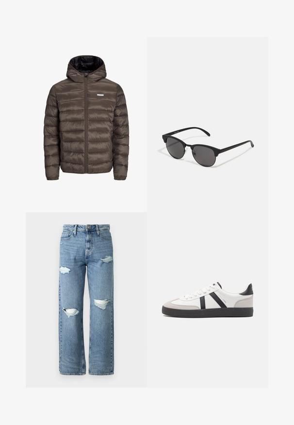 Ruskea, pörröinen, huppupäällinen takki, jossa on vetoketju edessä, vaakasuora ommelkuviointi ja kaksi sivutaskua. Vuorattu mustalla kankaalla.; Harmaa pitkähihaisuus crewneck-huppari, jossa rintapielessä mustalla printattuna "SURPLUS DNM" -teksti ja pieni valkoinen etiketti helman lähellä.; Vaaleansiniset farkut, joissa on korkea vyötärö, leveä lahje, ja joissa on kaksi rikkinäistä polven kohtaa sekä klassinen viiden taskun muotoilu.; Valkoiset lenkkarit mustilla ja harmailla yksityiskohdilla, joissa on teksturoitu harmaa kärki, musta kumipohja ja litteät valkoiset nauhat. Siisti muotoilu, minimalistinen tyyli.; Mustat aurinkolasit pyöreillä linsseillä, matalla pinnalla ja erottuvalla kissamaisella muodolla. Kapeat taitteet, joissa on huomaamaton brändäys vasemmassa temppeleissä.