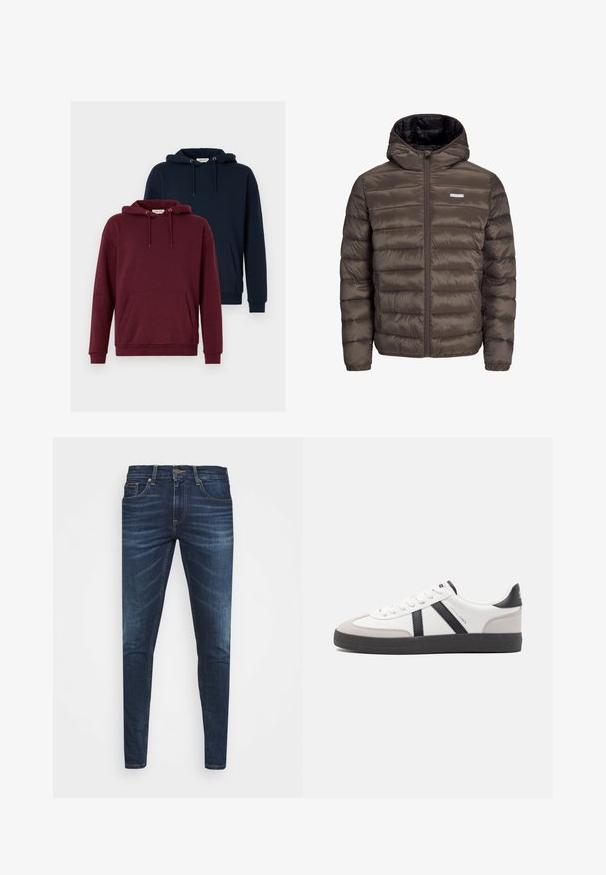 Hnedá, nadýchaná, kapucňová bunda so zipsom vpredu, s horizontálnym prešívaním a dvoma bočnými vreckami. Podšitá čiernym materiálom.; Dve mikiny: jedna vínová a jedna námornícka. Obe majú predné klokanie vrecko, kapucne na šnúrku, rebrované manžety a mäkkú tkaninovú štruktúru.; Tmavomodré džíny s úzkym strihom, jemným opotrebovaním, piatimi vreckami a kovovým zapínaním. Šité akcenty v kontrastnej farbe.; Biele tenisky s čiernymi a šedými akcentmi, s textúrovanou šedou špičkou, čiernou gumovou podrážkou a plochými bielymi šnúrkami. Čistý dizajn, minimalistický štýl.