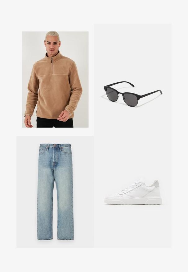 Pruun, paks ja kapuutsiga jakk, millel on lukuga esikülg, horisontaalsed õmblused ja kaks küljetaskut. Vooder mustast kangast.; Kohvifliisist pehme pullover poolzip-krae ja pikkade varrukatega. Omab siledat tekstuuri ja ühevärvilist ilma mustrite või aktsentideta.; Heledad sinine teksapüksid otse jala lõikega, viie tasku ja pronksist detailidega. Minimoodustunud pleekimine puhta viimistlusega.; Valged nahast spordijalatsid siledast nahast viimistlusega, ümarate varvastega, lamekestega ja tekstuuriga tallaga. Hall suede aktsent kanna juures.; Mustad prillid ümmarguste läätsedega, mati viimistlusega ja iseloomuliku kassisilma kujuga. Peened sangad, millel on vasakul templil diskreetne brändingu märk.