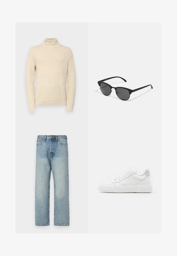 Brown, puffy, hooded jacket with a zip front, featuring horizontal stitching and two side pockets. Lined with black fabric.; Cream-colored turtleneck sweater with a textured knit pattern, featuring long sleeves and ribbed cuffs and hem.; Light blue denim jeans with a straight leg design, five pockets, and bronze hardware. Minimal fading with a clean finish.; White leather sneakers with a smooth finish, rounded toe, flat laces, and a textured sole. Grey suede accent at the heel.; Black sunglasses with round lenses, matte finish, and distinctive cat-eye shape. Slim arms with subtle branding on the left temple.