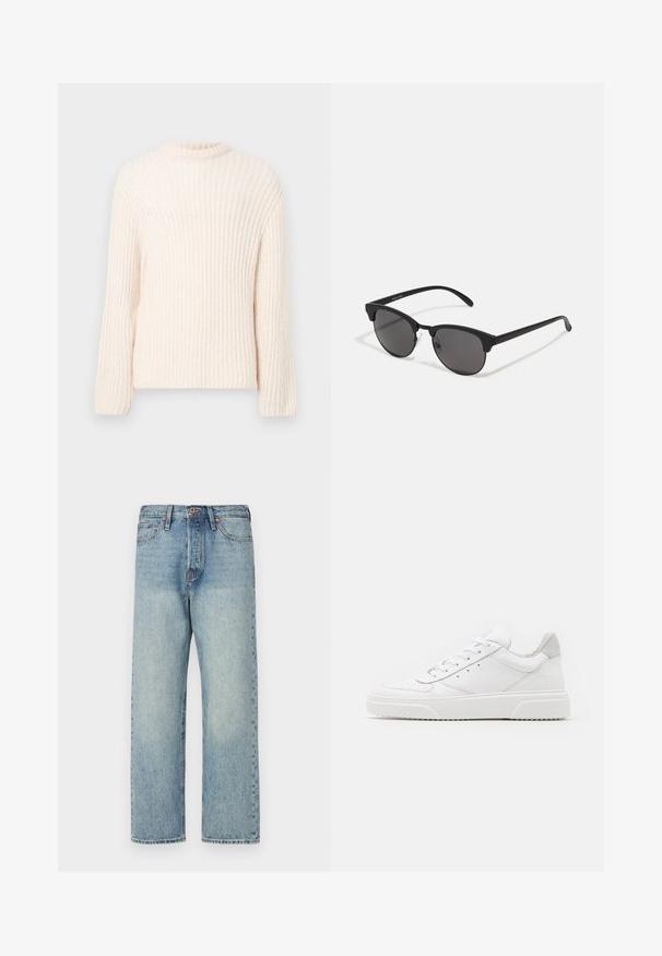 Brūna, pūkaina, ar kapuci, jaka ar rāvējslēdzēju priekšā, ar horizontālu šuvēm un divām sānu kabatām. Odere ir melnā audumā.; Masīva krēmu adīta džemperis ar apaļu kakla izgriezumu, garām piedurknēm un ribota raksta struktūru. Vienkārša dizaina un mīksta auduma.; Gai zilgani džinsi ar taisnu kāju dizainu, piecām kabatām un bronzas detaļām. Minimāla izbalēšana ar tīru apdari.; Baltie ādas sporta apavi ar gludu virsmu, noapaļotu purngalu, plakaniem šņorēm un reljefa zoli. Pelēks zamšādas akcenti pie papēža.; Melnas saules brilles ar apaļām lēcām, matēta apdare un izteiksmīga kaķa acu forma. Šaurās kājiņas ar Discreto zīmolu uz kreisā tempļa.