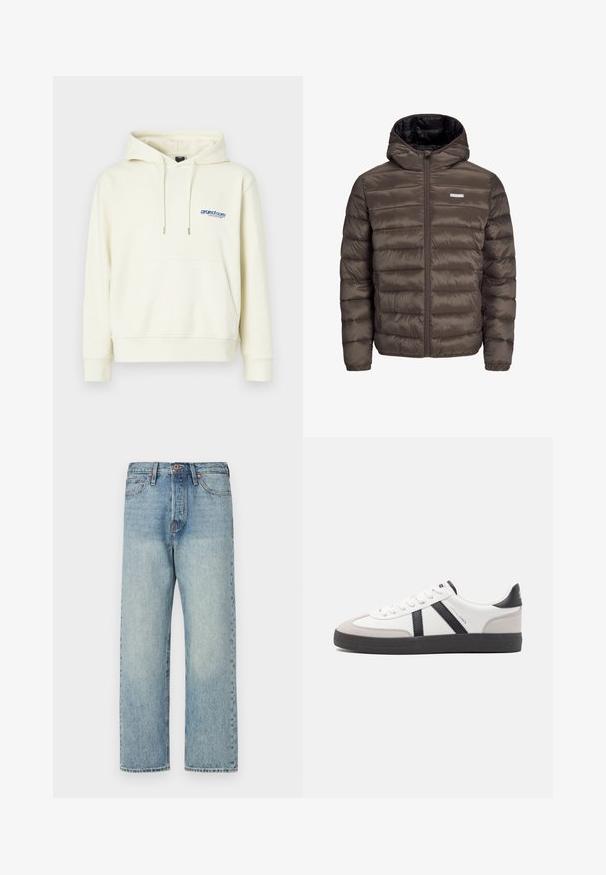 Rjava, puhasta, jakna s kapuco in z zadrgo spredaj, z vodoravnimi šivi in dvema stranskima žepoma. Podložena s črno tkanino.; Kremna kapuca s prednjim žepom, kapuljačom s trokutastim vezanjem i plavim logotipom na prsima. Mekana tkanina s opuštenim krojem i rebrastim manžetama.; Svjetloplave traperice s ravnim krojem, pet džepova i brončanim dijelovima. Minimalno izbjeljivanje s čistim završetkom.; Bela športna obutev z črnimi in sivo akcenti, z teksturirano sivo kapico za prste, črnim gumijastim podplatom in ravnimi belimi vezalkami. Čista zasnova, minimalistični slog.