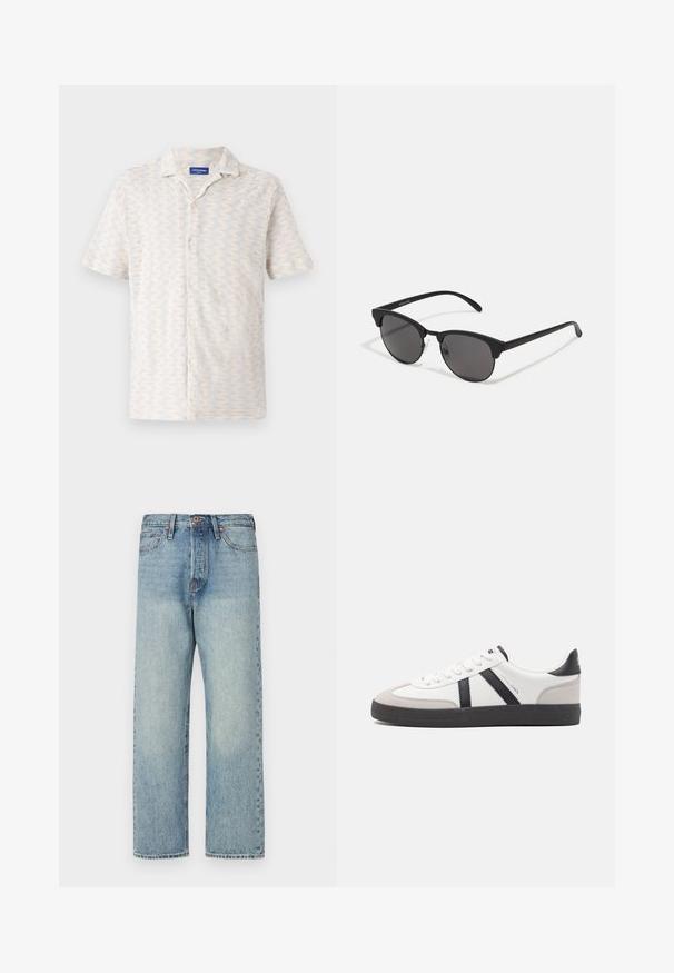 Brun, puffy, huva jacka med dragkedja framtill, med horisontell sömnad och två sidofickor. Fodrad med svart tyg.; Kortärmad skjorta med knappar i ljusa färger, med ett zigzag-mönster, krage och fem framknappar. Tillverkad av ventilerande tyg.; Ljusblå denimjeans med rak bendesign, fem fickor och bronsdetaljer. Minimal blekning med en ren finish.; Vit sneaker med svarta och grå accenter, med en strukturerad grå tådel, svart gummisul, och platta vita skosnören. Ren design, minimalistisk stil.; Svarta solglasögon med rundade linser, matt finish och tydlig cat-eye form. Smala skalmar med subtil logotyp på vänster skalmtempel.