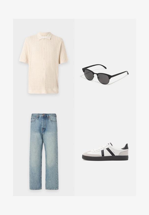 Barna, puffos, kapucnis dzseki cipzárral az elején, vízszintes varrásokkal és két oldalsó zsebbel. Fekete anyaggal bélelve.; Rövidujjú gombos ing világos krémszínben, textúrált kötött mintával, gallérral és öt gombbal az elején.; Világoskék farmernadrág egyenes lábbal, öt zsebbel és bronz kiegészítőkkel. Minimális kopás, tiszta kivitel.; Fehér sneaker fekete és szürke részletekkel, textúrált szürke orr résszel, fekete gumitalppal és lapos fehér fűzőkkel. Tiszta dizájn, minimalista stílus.; Fekete napszemüveg kerek lencsékkel, matt felülettel és jellegzetes macska szem formával. Vékony szárak, a bal oldali templomon diszkrét márkajelzéssel.