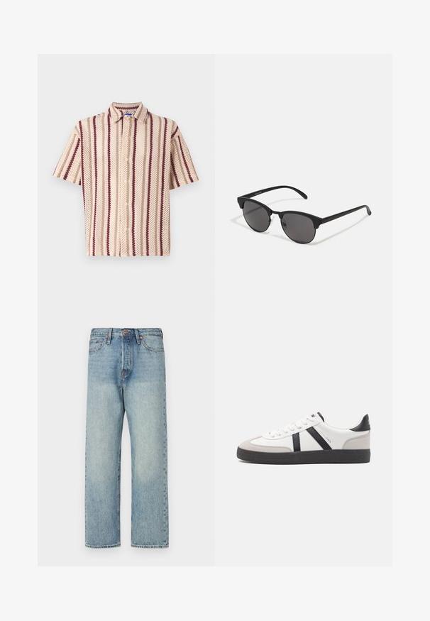 Hnědá, nadýchaná bunda s kapucí a zipem vpředu, se svislým prošíváním a dvěma bočními kapsami. Podšita černou látkou.; Košile s krátkým rukávem v béžové barvě se bordó a krémovými pruhy, s texturovaným vzorem a detaily límce.; Světle modré džíny z denimu se střihem rovné nohavice, pěti kapsami a bronzovými prvky. Minimální vyblednutí s čistým dokončením.; Bílé tenisky s černými a šedými akcenty, opatřené texturovaným šedým prstovým krytem, černou gumovou podrážkou a plochými bílými tkaničkami. Čistý design, minimalistický styl.; Černé sluneční brýle s kulatými skly, matným povrchem a charakteristickým tvarovým kočičím okem. Úzké nožičky s nenápadným logem na levém rámu.