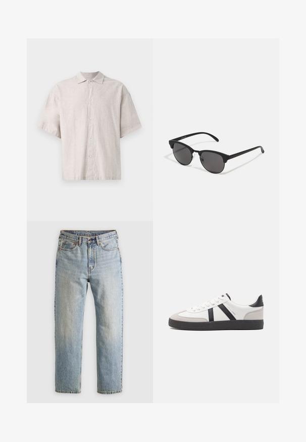 Ruskea, pörröinen, huppupäällinen takki, jossa on vetoketju edessä, vaakasuora ommelkuviointi ja kaksi sivutaskua. Vuorattu mustalla kankaalla.; Vaaleanharmaa lyhythihainen paita, joka on valmistettu pellavasta. Siinä on napillinen etuflappia, litteä kaulus ja rento istuvuus pehmeällä tekstuurilla.; Vaaleansininen farkut, joissa on korkea vyötärö, etunappi, vetoketju ja viisi taskua, asetettu tasaisesti neutraalille taustalle.; Valkoiset lenkkarit mustilla ja harmailla yksityiskohdilla, joissa on teksturoitu harmaa kärki, musta kumipohja ja litteät valkoiset nauhat. Siisti muotoilu, minimalistinen tyyli.; Mustat aurinkolasit pyöreillä linsseillä, matalla pinnalla ja erottuvalla kissamaisella muodolla. Kapeat taitteet, joissa on huomaamaton brändäys vasemmassa temppeleissä.