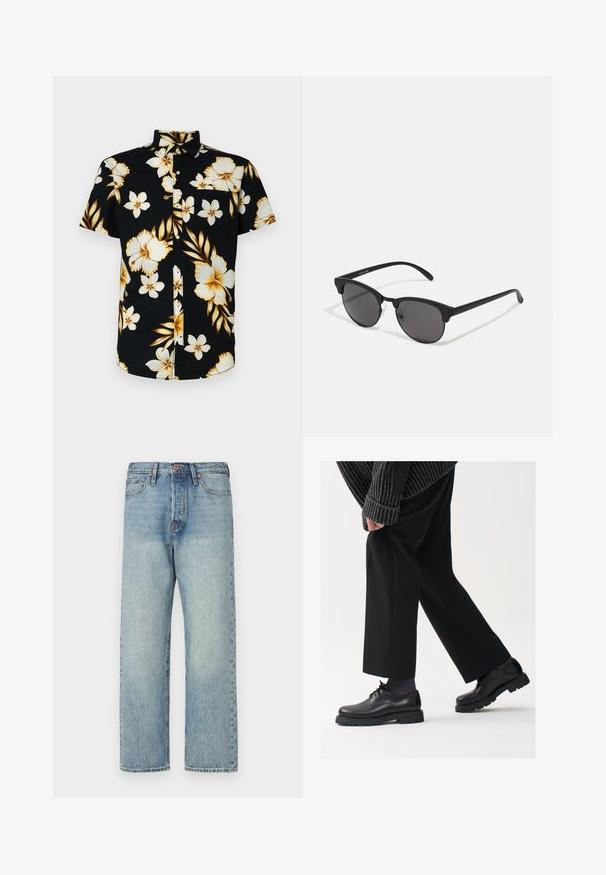 Nøddebrun, puffy, hættejakke med lynlås foran, der har vandrette syninger og to sidelommer. Foret med sort stof.; Kortærmet, sort skjorte med knapper, der har store hvide og gyldne blomstermønstre, en klassisk krave og en lomme på venstre bryst.; Lysblå denimjeans med lige ben-design, fem lommer og bronze hardware. Minimal falming med en ren finish.; Sorte lædersko med rund tå, snørebåndsdesign og tyk, tekstureret sål. Båret sammen med skræddersyede sorte bukser og en ribbet sweater.; Sorte solbriller med runde linser, mat finish og karakteristisk katteøje-form. Slanke arme med subtil branding på venstre stel.