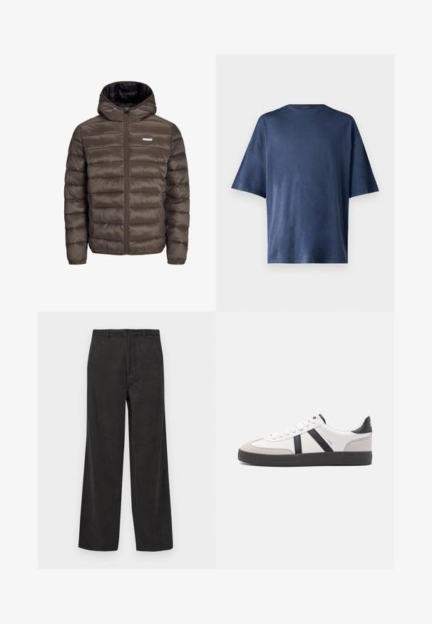 Pruun, paks ja kapuutsiga jakk, millel on lukuga esikülg, horisontaalsed õmblused ja kaks küljetaskut. Vooder mustast kangast.; Tumesinine lühikeste varrukatega T-särk, valmistatud pehmest kangast, omab klassikalist ümarat kaelust ja mugavat lõiget, ilma nähtavate mustrite või aktsentideta.; Mustard pruunid puuvillased püksid laia sääre kujundusega, millel on vertikaalne ribatekstuur, lukuga ees, nupp kinnitamiseks ja ees taskud.; Valged tossud mustade ja hallide aktsentidega, tekstureeritud halli varbakattega, musta kummitald ja lamedad valged paelad. Puhtad jooned, minimalistlik stiil.