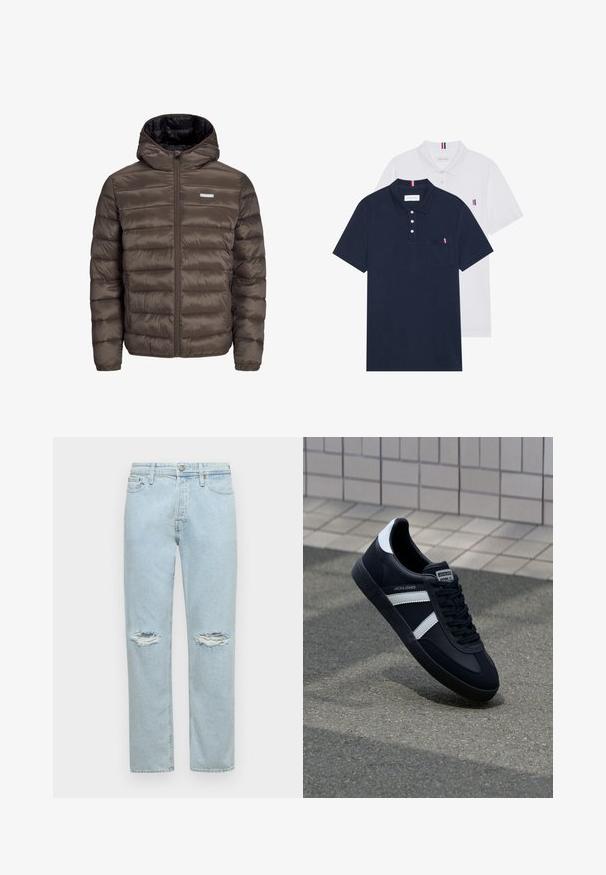 Hnědá, nadýchaná bunda s kapucí a zipem vpředu, se svislým prošíváním a dvěma bočními kapsami. Podšita černou látkou.; Dvě polo trička: jedno námořnické modré a jedno bílé, obě s malým červeným, bílým a modrým akcentem na kapse a límci.; Světle modré džíny z denimu s rovný střih, dvěmi obnošenými kolenními záplatami a standardním pětikapsovým designem s knoflíkovým zapínáním.; Černé kožené tenisky s bílými pruhy, texturovanou gumovou podrážkou a šněrováním vpředu. Obsahují značenou etiketu na jazyku.