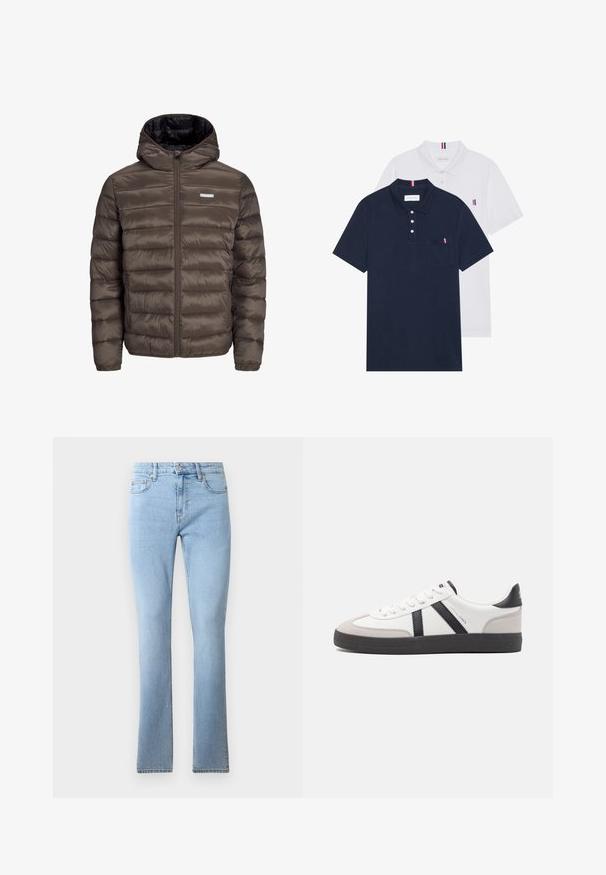 Rjava, puhasta, jakna s kapuco in z zadrgo spredaj, z vodoravnimi šivi in dvema stranskima žepoma. Podložena s črno tkanino.; Dve polo majice: ena mornarsko modra in ena bela, obe z majhnim rdečim, belim in modrim poudarjanjem na žepu in ovratniku.; Svijetloplave traperice s širokim nogavicama i srednjim strukom, pet džepova i kontrastnim šavovima. Glatka tekstura s klasičnim krojem.; Bela športna obutev z črnimi in sivo akcenti, z teksturirano sivo kapico za prste, črnim gumijastim podplatom in ravnimi belimi vezalkami. Čista zasnova, minimalistični slog.