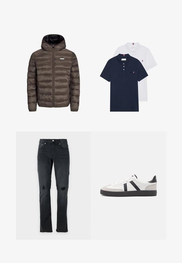 Chaqueta marrón, acolchada, con capucha y cierre de cremallera en el frente, con costuras horizontales y dos bolsillos laterales. Forrada con tejido negro.; Dos camisetas polo: una de color azul marino y otra blanca, ambas con un pequeño acento en rojo, blanco y azul en el bolsillo del pecho y el cuello.; Jeans de mezclilla negra con corte slim, sutiles desgastes, dos roturas en las rodillas y estilo tradicional de cinco bolsillos con cierre de botón.; Zapatilla blanca con acentos en negro y gris, que presenta una puntera texturizada en gris, suela de goma negra y cordones planos blancos. Diseño limpio, estilo minimalista.