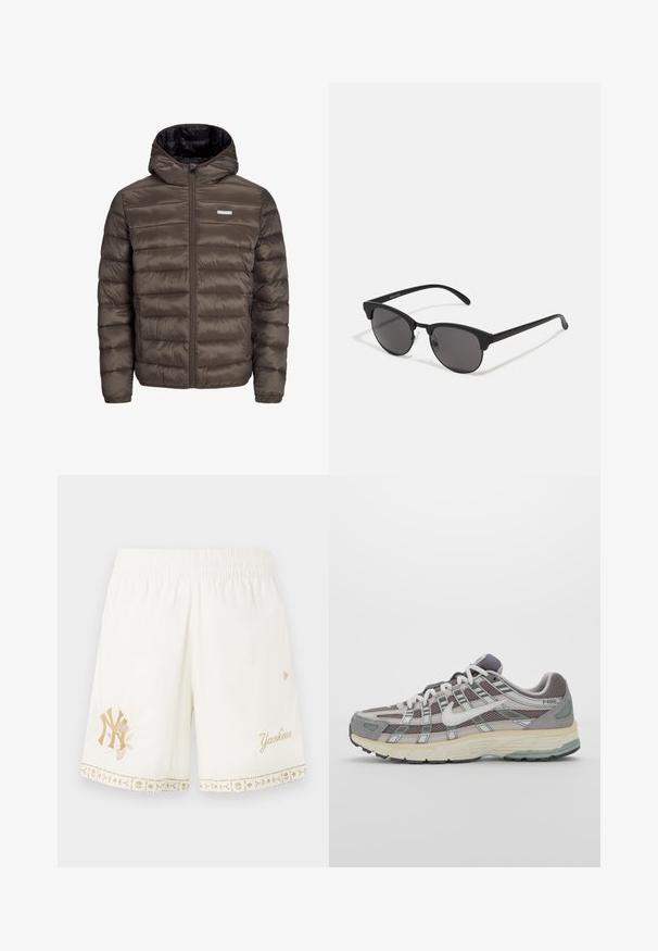 Ruskea, pörröinen, huppupäällinen takki, jossa on vetoketju edessä, vaakasuora ommelkuviointi ja kaksi sivutaskua. Vuorattu mustalla kankaalla.; Kolme valkoista ribbitekstiilistä toppia, jotka on valmistettu puuvillasta. Ominaisuuksiin kuuluu pyöreä pääntie ja pieni musta etiketti helman lähellä. Saatavilla useissa kooissa.; Valkoiset shortsit elastisella vyötärönauhalla, joissa on kultakirjailtu Yankees-logo ja kukkakuvio, joita korostaa koristeellinen reuna.; Harmaa urheilukenkä, jossa on verkko- ja mokkanahkainen yläosa, valkoiset yksityiskohdat, pehmustettu pohja ja erottuva muotoilu heijastavilla elementeillä.; Mustat aurinkolasit pyöreillä linsseillä, matalla pinnalla ja erottuvalla kissamaisella muodolla. Kapeat taitteet, joissa on huomaamaton brändäys vasemmassa temppeleissä.