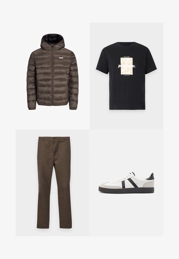 Hnedá, nadýchaná, kapucňová bunda so zipsom vpredu, s horizontálnym prešívaním a dvoma bočnými vreckami. Podšitá čiernym materiálom.; Čierne bavlnené tričko s okrúhlym výstrihom. Na prednej strane sa nachádza béžová obdĺžniková grafika s bielym textom "JAWO," ktorý je umiestnený na stred. Krátke rukávy.; Hnedé bavlnené nohavice so strihom rovného nohu, s gombíkovým zapínaním a pútkom na opasok, hladká textúra bez vzorov alebo akcentov.; Biele tenisky s čiernymi a šedými akcentmi, s textúrovanou šedou špičkou, čiernou gumovou podrážkou a plochými bielymi šnúrkami. Čistý dizajn, minimalistický štýl.
