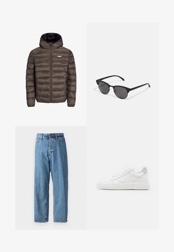 Barna, puffos, kapucnis dzseki cipzárral az elején, vízszintes varrásokkal és két oldalsó zsebbel. Fekete anyaggal bélelve.; Fehér pamut póló, rövid ujjakkal, kerek nyakkal, elöl piros grafikus felirattal: "ÍZLETES FRESKÉLŐ GYÜMÖLCS".; Világoskék farmernadrág laza szabásban, gombos záródással, öt zsebbel és minimális kopással, hogy tiszta megjelenést biztosítson. Klasszikus ívelt lábdesig.; Fehér bőr sportcipő sima felülettel, kerek orral, lapos fűzőkkel és textúrált talppal. Szürke velúr díszítés a saroknál.; Fekete napszemüveg kerek lencsékkel, matt felülettel és jellegzetes macska szem formával. Vékony szárak, a bal oldali templomon diszkrét márkajelzéssel.