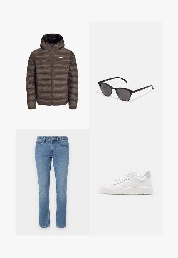 Ruda, pūkuota, su gaubtu striukė su užtrauktuku priekyje, su horizontaliomis siūlėmis ir dviem šoniniais kišenėmis. Iš vidaus išklota juodu audiniu.; Balta medvilninė marškinėliai su trumpomis rankovėmis, apvaliu iškirpimu ir raudonu grafiniu tekstu "SKANI PAŽADINTI VAIŠIUS" priekyje.; Mėlyni tiesaus kirpimo džinsai su priekinėmis kišenėmis, diržo kilpomis ir mygtukų užsegimu.; Balti odiniai sportbačiai su lygiu paviršiumi, apvaliu pirštu, plokščiomis raištelėmis ir struktūrizuota padu. Pilko zimšo akcentas ant kulno.; Juodos saulės akinių su apvaliais lęšiais, matinio paviršiaus ir išskirtinės katės akies formos. Šlauni rankenos su subtilia ženklinimo detale kairėje šventykloje.