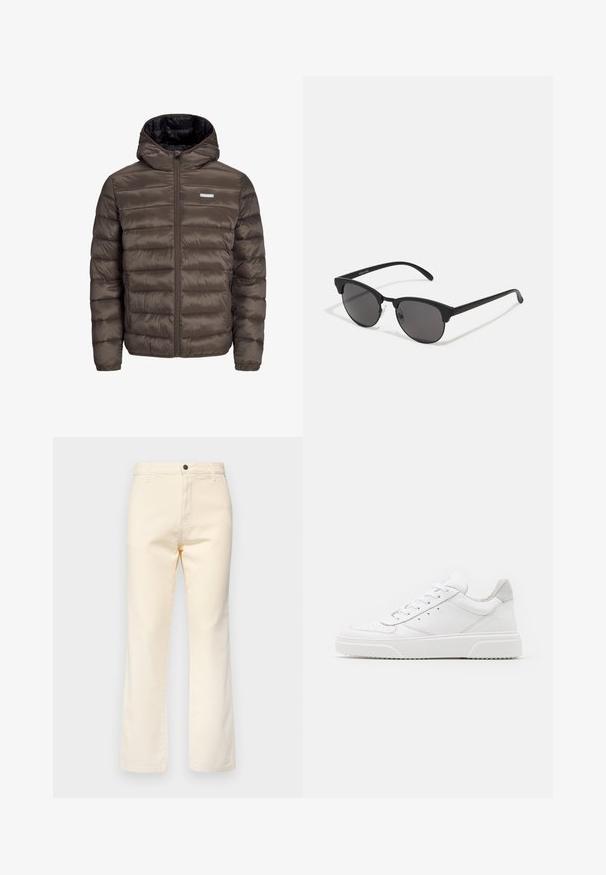 Giubbotto marrone, voluminoso, con cappuccio e zip frontale, caratterizzato da cuciture orizzontali e due tasche laterali. Foderato in tessuto nero.; T-shirt bianco in cotone con maniche corte, collo rotondo e una grafica rossa con il testo "FRUTTA DELIZIOSA E RINFRESCANTE" sul davanti.; Jeans in cotone color crema con design a gamba dritta, dotati di chiusura frontale con bottone e stile classico a cinque tasche.; Sneaker bianche in pelle con finitura liscia, punta arrotondata, lacci piatti e suola texturizzata. Accento in suede grigio sul tallone.; Occhiali da sole neri con lenti rotonde, finitura opaca e forma distintiva a occhio di gatto. Astine sottili con un branding discreto sulla tempia sinistra.