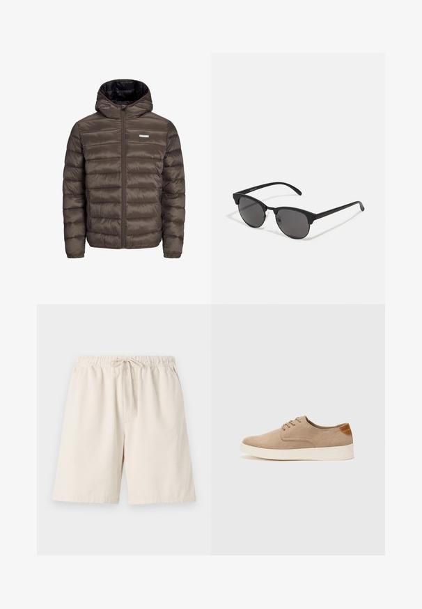 Brown, puffy, hooded jacket with a zip front, featuring horizontal stitching and two side pockets. Lined with black fabric.; White short-sleeve T-shirt in a ribbed texture. Round neckline, relaxed fit, no visible patterns or accents. Simple and versatile design.; Light beige ribbed shorts with an elastic waistband and drawstring. Features side pockets and a relaxed fit. Cotton blend material.; Beige suede sneakers with a rounded toe, lace-up front, and a textured back accent. White rubber sole provides contrast. Simple and modern design.; Black sunglasses with round lenses, matte finish, and distinctive cat-eye shape. Slim arms with subtle branding on the left temple.