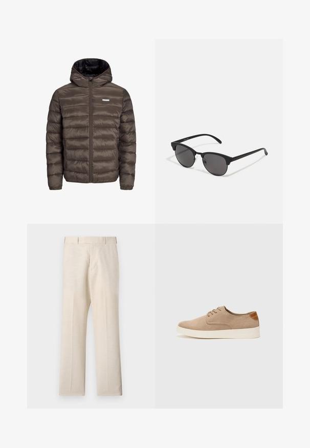 Braun, puffiger, mit Kapuze versehenen Jacke mit einem Reißverschluss vorne, ausgestattet mit horizontalen Nähten und zwei Seitentaschen. Gefüttert mit schwarzem Stoff.; Weißes T-Shirt mit kurzen Ärmeln in gerippter Textur. Runder Ausschnitt, lockere Passform, keine sichtbaren Muster oder Akzente. Einfaches und vielseitiges Design.; Beige Hosen aus gewebtem Stoff mit glatter Textur, mit flachem Vorderteil, Seitentaschen und geradem Bein.; Beige Wildleder-Sneaker mit runder Zehenpartie, Schnürung und strukturiertem Rückenteil. Die weiße Gummisohle sorgt für einen Kontrast. Einfaches und modernes Design.; Schwarze Sonnenbrille mit runden Gläsern, matter Oberfläche und markanter Cat-Eye-Form. Schlanke Bügel mit dezenter Markenkennzeichnung am linken Schläfenstück.