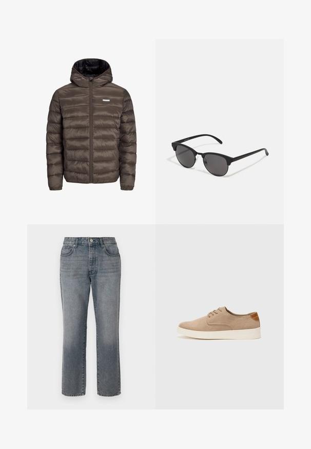Ruskea, pörröinen, huppupäällinen takki, jossa on vetoketju edessä, vaakasuora ommelkuviointi ja kaksi sivutaskua. Vuorattu mustalla kankaalla.; Valkoinen lyhythihainen T-paita ribbikuviossa. Pyöreä kaula-aukko, rento istuvuus, ei näkyviä kuvioita tai yksityiskohtia. Yksinkertainen ja monikäyttöinen muotoilu.; Harmaa farkut, suora lahje, viisi taskua sekä napilla ja vetoketjulla varustettu suljenta. Hieman haalistunut viimeistely, jossa näkyvät ompeleet.; Beige nubuck-lenkkarit, joissa on pyöreä kärki, nauhakiinnitys ja teksturoitu takaosa. Valkoinen kumipohja tuo kontrastia. Yksinkertainen ja moderni muotoilu.; Mustat aurinkolasit pyöreillä linsseillä, matalla pinnalla ja erottuvalla kissamaisella muodolla. Kapeat taitteet, joissa on huomaamaton brändäys vasemmassa temppeleissä.