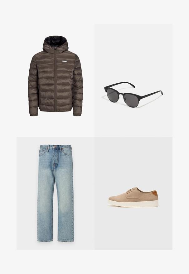 Brūna, pūkaina, ar kapuci, jaka ar rāvējslēdzēju priekšā, ar horizontālu šuvēm un divām sānu kabatām. Odere ir melnā audumā.; Balta krūštura īsām piedurknēm ar ribota auduma faktūru. Apaļš kakla izgriezums, brīvs griezums, bez redzamām rakstām vai akcentiem. Vienkāršs un daudzpusīgs dizains.; Gai zilgani džinsi ar taisnu kāju dizainu, piecām kabatām un bronzas detaļām. Minimāla izbalēšana ar tīru apdari.; Beige zamšādas kedas ar noapaļotu purngala daļu, auklēm saplacinātu priekšpusi un teksturētu aizmugures akcentu. Balta gumijas zole nodrošina kontrastu. Vienkāršs un mūsdienīgs dizains.; Melnas saules brilles ar apaļām lēcām, matēta apdare un izteiksmīga kaķa acu forma. Šaurās kājiņas ar Discreto zīmolu uz kreisā tempļa.