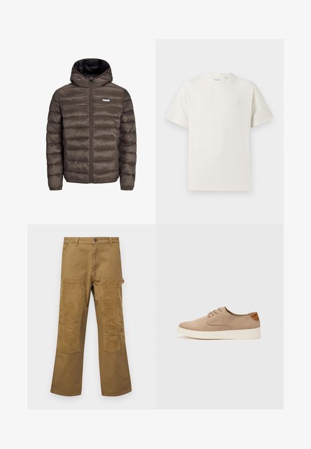 Giubbotto marrone, voluminoso, con cappuccio e zip frontale, caratterizzato da cuciture orizzontali e due tasche laterali. Foderato in tessuto nero.; T-shirt bianca a maniche corte in texture a coste. Girocollo, vestibilità rilassata, senza modelli o accenti visibili. Design semplice e versatile.; Pantaloni cargo in cotone marrone con toppe in tessuto a costine a contrasto, taglio dritto, cinque tasche e chiusura a bottone.; Sneaker in suede beige con punta arrotondata, stringhe davanti e un accento testurizzato sul retro. La suola in gomma bianca offre un contrasto. Design semplice e moderno.