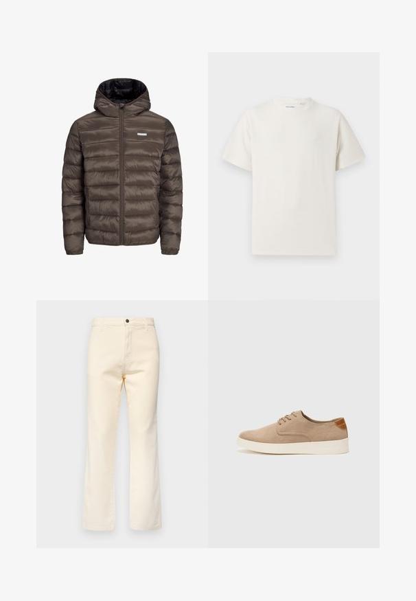 Brūna, pūkaina, ar kapuci, jaka ar rāvējslēdzēju priekšā, ar horizontālu šuvēm un divām sānu kabatām. Odere ir melnā audumā.; Balta krūštura īsām piedurknēm ar ribota auduma faktūru. Apaļš kakla izgriezums, brīvs griezums, bez redzamām rakstām vai akcentiem. Vienkāršs un daudzpusīgs dizains.; Kremkrāsas kokvilnas džinsi ar taisnu kāju dizainu, kuriem ir priekšējā pogu aizdare un standarta piecu kabatu stilistika.; Beige zamšādas kedas ar noapaļotu purngala daļu, auklēm saplacinātu priekšpusi un teksturētu aizmugures akcentu. Balta gumijas zole nodrošina kontrastu. Vienkāršs un mūsdienīgs dizains.