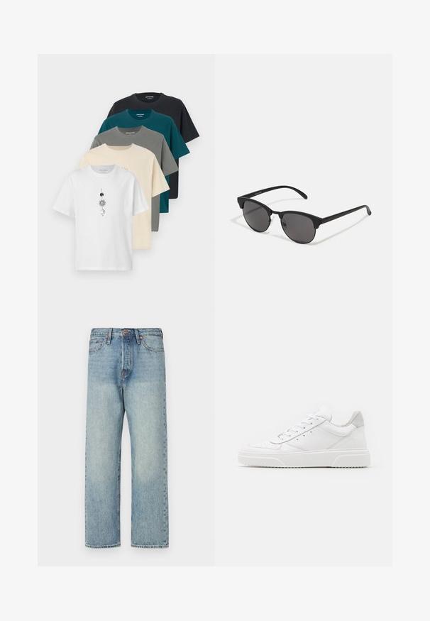 Pruun, paks ja kapuutsiga jakk, millel on lukuga esikülg, horisontaalsed õmblused ja kaks küljetaskut. Vooder mustast kangast.; Kuuest t-särgist koosnev komplekt puuvillases kangas. Värvideks on valge, beež, hall, tealiine ja must. Valgel särgil on graafiline kujundus.; Heledad sinine teksapüksid otse jala lõikega, viie tasku ja pronksist detailidega. Minimoodustunud pleekimine puhta viimistlusega.; Valged nahast spordijalatsid siledast nahast viimistlusega, ümarate varvastega, lamekestega ja tekstuuriga tallaga. Hall suede aktsent kanna juures.; Mustad prillid ümmarguste läätsedega, mati viimistlusega ja iseloomuliku kassisilma kujuga. Peened sangad, millel on vasakul templil diskreetne brändingu märk.