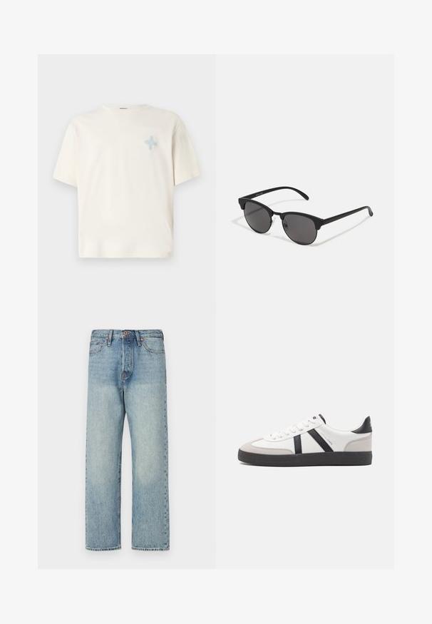 Rjava, puhasta, jakna s kapuco in z zadrgo spredaj, z vodoravnimi šivi in dvema stranskima žepoma. Podložena s črno tkanino.; Kremna majica s kratkimi rokavi iz bombaža, z lahkim modrim izvezenim dizajnom na levem prsnem delu. Klasičen okrogli izrez, sproščen kroj.; Svjetloplave traperice s ravnim krojem, pet džepova i brončanim dijelovima. Minimalno izbjeljivanje s čistim završetkom.; Bela športna obutev z črnimi in sivo akcenti, z teksturirano sivo kapico za prste, črnim gumijastim podplatom in ravnimi belimi vezalkami. Čista zasnova, minimalistični slog.; Črne sončna očala z okroglimi lečami, mat površino in značilno obliko mačjih oči. Tanke nogice z diskretnim logotipom na levem templju.