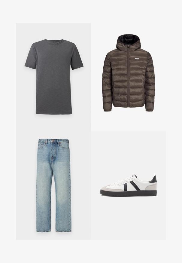 Brūna, pūkaina, ar kapuci, jaka ar rāvējslēdzēju priekšā, ar horizontālu šuvēm un divām sānu kabatām. Odere ir melnā audumā.; Pelēka īsām piedurknēm T-kreklu, kas izlikts uz baltās fona, ar apaļu kakla izgriezumu un vienkāršu, ikdienišķu dizainu.; Gai zilgani džinsi ar taisnu kāju dizainu, piecām kabatām un bronzas detaļām. Minimāla izbalēšana ar tīru apdari.; Baltas sneakeris ar melniem un pelēkiem akcentiem, kuram ir teksturēts pelēks purngals, melna gumijas zole un plakanas baltas šņores. Tīrs dizains, minimālisma stils.