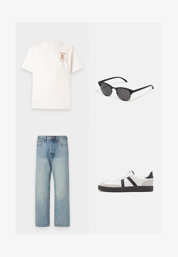 Pruun, paks ja kapuutsiga jakk, millel on lukuga esikülg, horisontaalsed õmblused ja kaks küljetaskut. Vooder mustast kangast.; Kreemi värvi puuvillane T-särk, mille esiküljel on lillelikud aktsendid ja dekoratiivne kaarekujundus. Lühikesed, lõdvad varrukad ja sirge ääreline.; Heledad sinine teksapüksid otse jala lõikega, viie tasku ja pronksist detailidega. Minimoodustunud pleekimine puhta viimistlusega.; Valged tossud mustade ja hallide aktsentidega, tekstureeritud halli varbakattega, musta kummitald ja lamedad valged paelad. Puhtad jooned, minimalistlik stiil.; Mustad prillid ümmarguste läätsedega, mati viimistlusega ja iseloomuliku kassisilma kujuga. Peened sangad, millel on vasakul templil diskreetne brändingu märk.