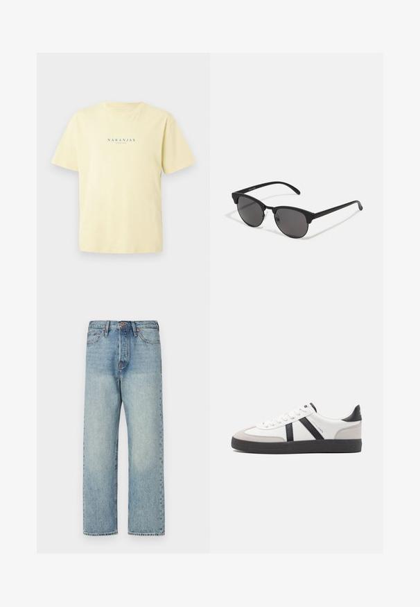Hnědá, nadýchaná bunda s kapucí a zipem vpředu, se svislým prošíváním a dvěma bočními kapsami. Podšita černou látkou.; Světle žluté bavlněné tričko s krátkými rukávy a kulatým výstřihem. Má modrý nápis "NARANJAS" přes hruď.; Světle modré džíny z denimu se střihem rovné nohavice, pěti kapsami a bronzovými prvky. Minimální vyblednutí s čistým dokončením.; Bílé tenisky s černými a šedými akcenty, opatřené texturovaným šedým prstovým krytem, černou gumovou podrážkou a plochými bílými tkaničkami. Čistý design, minimalistický styl.; Černé sluneční brýle s kulatými skly, matným povrchem a charakteristickým tvarovým kočičím okem. Úzké nožičky s nenápadným logem na levém rámu.