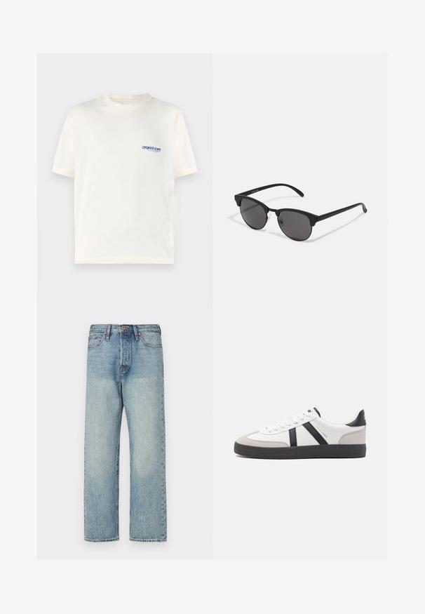 Smešano smeđi, puni kaput s kapuljačom i prednjim zatvaračem, s horizontalnim šavovima i dva bočna džepa. Obložen crnom tkaninom.; Kratka krem majica s kratkim rukavima od mekog pamuka, sa malim plavo printanim logom na lijevoj strani grudi. Klasičan dizajn s O izrezom.; Svijetloplavi traperice s ravnim nogavicama, pet džepova i bronze detaljima. Minimalno izblijedjele s čistu završnom obradom.; Bijele tenisice s crnim i sivim detaljima, s teksturiranim sivim zaštitnikom prstiju, crnim gumene potplate i ravnim bijelim vezicama. Čist dizajn, minimalistički stil.; Crne sunčane naočale s okruglim lećama, mat završetkom i specifičnim oblikom mačjih očiju. Tanke naramenice s diskretnim brendiranjem na lijevom hramu.