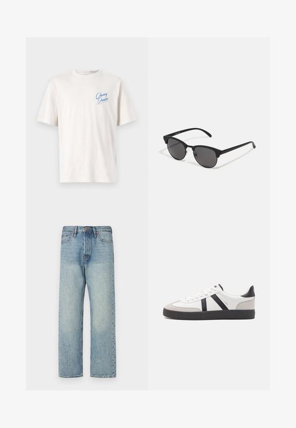 Brūna, pūkaina, ar kapuci, jaka ar rāvējslēdzēju priekšā, ar horizontālu šuvēm un divām sānu kabatām. Odere ir melnā audumā.; Gaiši bežs T-krekls, izgatavots no kokvilnas, ar īsām piedurknēm un apaļu kakla izgriezumu. Uz kreisās krūts puses ir izdrukāts teksts "Purskojot sapņus" zili.; Gai zilgani džinsi ar taisnu kāju dizainu, piecām kabatām un bronzas detaļām. Minimāla izbalēšana ar tīru apdari.; Baltas sneakeris ar melniem un pelēkiem akcentiem, kuram ir teksturēts pelēks purngals, melna gumijas zole un plakanas baltas šņores. Tīrs dizains, minimālisma stils.; Melnas saules brilles ar apaļām lēcām, matēta apdare un izteiksmīga kaķa acu forma. Šaurās kājiņas ar Discreto zīmolu uz kreisā tempļa.