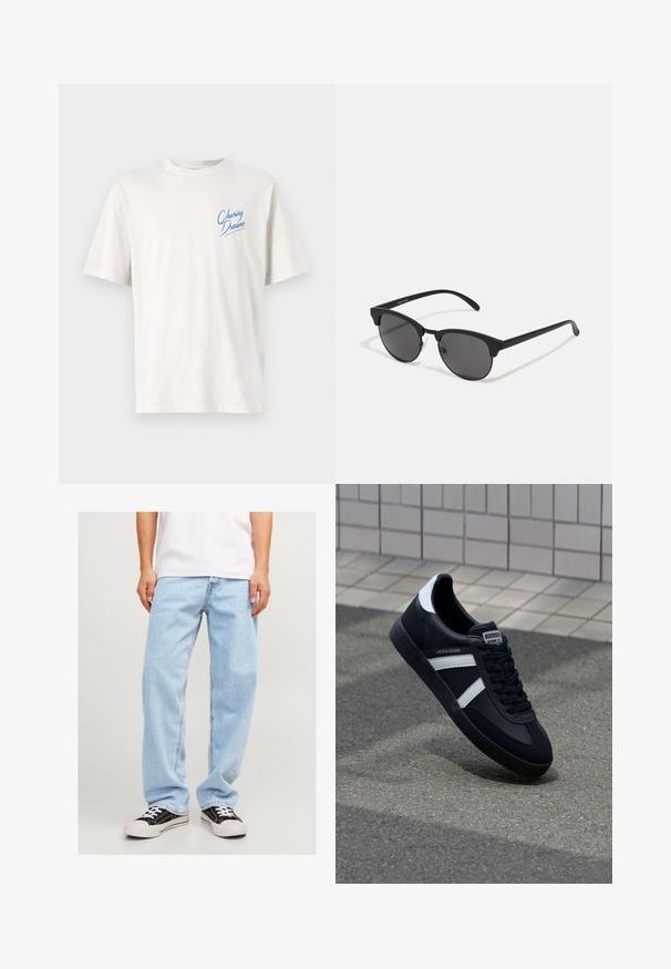 Chaqueta marrón, acolchada, con capucha y cierre de cremallera en el frente, con costuras horizontales y dos bolsillos laterales. Forrada con tejido negro.; Camiseta de color beige claro hecha de algodón, con mangas cortas y cuello redondo. "Persiguiendo Sueños" impreso en azul en el lado izquierdo del pecho.; Jeans de mezclilla azul claro con un ajuste relajado, que presentan un diseño de pierna recta y costuras estándar, combinados con zapatillas negras.; Zapatilla de cuero negra con rayas blancas, suela de goma texturizada y parte frontal con cordones. Cuenta con una etiqueta de marca en la lengüeta.; Gafas de sol negras con lentes redondos, acabado mate y una distintiva forma de ojo de gato. Patillas delgadas con un sutil branding en la patilla izquierda.