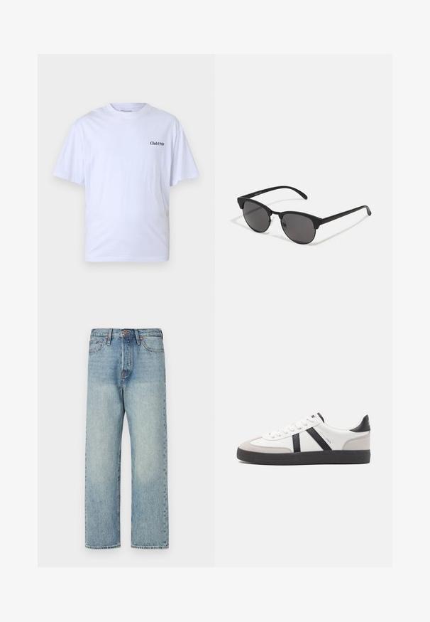 Ruskea, pörröinen, huppupäällinen takki, jossa on vetoketju edessä, vaakasuora ommelkuviointi ja kaksi sivutaskua. Vuorattu mustalla kankaalla.; Valkoinen puuvillainen t-paita lyhyillä hihoilla, pyöreä pääntie ja mustalla painettu "Club1990" vasemmassa rintakehässä. Rentoa istuvuutta.; Vaaleansiniset farkut suoran lahkeen muotoilulla, viidellä taskulla ja pronssinvärisillä yksityiskohdilla. Vähäistä haalistumista ja siisti viimeistely.; Valkoiset lenkkarit mustilla ja harmailla yksityiskohdilla, joissa on teksturoitu harmaa kärki, musta kumipohja ja litteät valkoiset nauhat. Siisti muotoilu, minimalistinen tyyli.; Mustat aurinkolasit pyöreillä linsseillä, matalla pinnalla ja erottuvalla kissamaisella muodolla. Kapeat taitteet, joissa on huomaamaton brändäys vasemmassa temppeleissä.