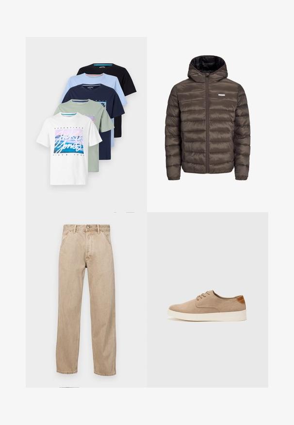 Chaqueta marrón, acolchada, con capucha y cierre de cremallera en el frente, con costuras horizontales y dos bolsillos laterales. Forrada con tejido negro.; Cinco camisetas de manga corta en blanco, verde, azul claro, azul oscuro y negro. Cuentan con estampados gráficos y cuellos redondos. Material de algodón.; Jeans de mezclilla beige con un diseño de pierna recta, que cuentan con bolsillos frontales, cierre de botón de metal y una textura sutil.; Zapatillas de ante beige con puntera redondeada, cordones en la parte delantera y un acento texturizado en la parte trasera. La suela de goma blanca proporciona contraste. Diseño sencillo y moderno.