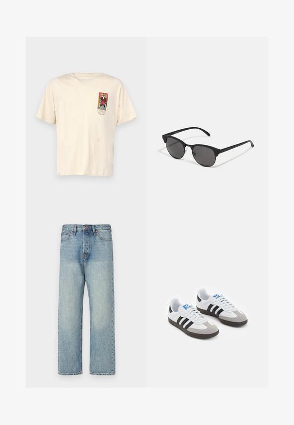 Brown, puffy, hooded jacket with a zip front, featuring horizontal stitching and two side pockets. Lined with black fabric.; Jack & Jones JORORACLE TEE CREW NECK - Print T-shirt - buttercream; Light blue denim jeans with a straight leg design, five pockets, and bronze hardware. Minimal fading with a clean finish.; Sport shoes with a white leather upper, gray suede toe, and three black stripes. Features a blue logo on the tongue and a textured rubber sole.; Black sunglasses with round lenses, matte finish, and distinctive cat-eye shape. Slim arms with subtle branding on the left temple.