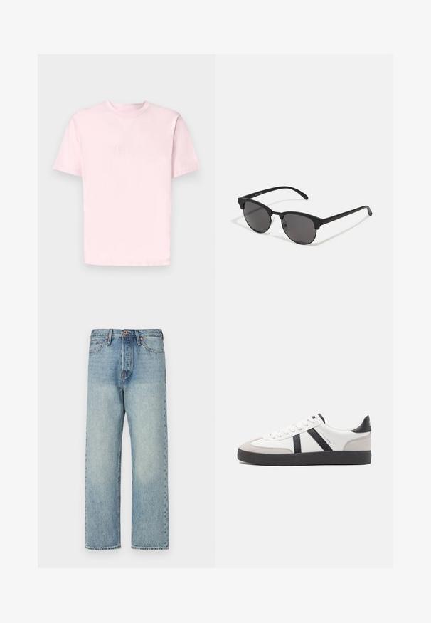 Brown, puffy, hooded jacket with a zip front, featuring horizontal stitching and two side pockets. Lined with black fabric.; Jack & Jones JORVESTERBRO CREW NECK - Print T-shirt - fairy tale; Light blue denim jeans with a straight leg design, five pockets, and bronze hardware. Minimal fading with a clean finish.; White sneaker with black and gray accents, featuring a textured gray toe cap, black rubber sole, and flat white laces. Clean design, minimalist style.; Black sunglasses with round lenses, matte finish, and distinctive cat-eye shape. Slim arms with subtle branding on the left temple.