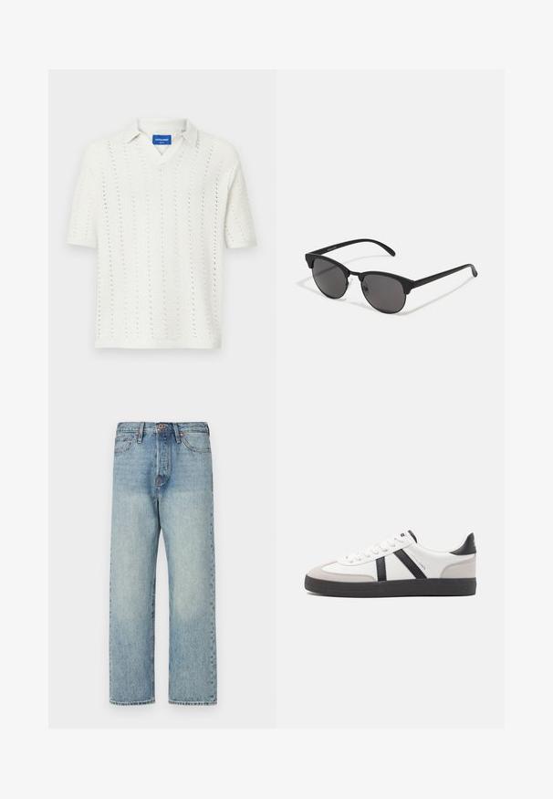 Brązowa, puszysta kurtka z kapturem, z przodem na zamek błyskawiczny, z poziomymi przeszyciami i dwiema bocznymi kieszeniami. Podszewka z czarnego materiału.; Biała, dziana koszulka polo z krótkim rękawem i dekoltem w kształcie V, z pionowymi wzorami oraz ściągaczem na dolnej krawędzi. Etykieta widoczna przy kołnierzyku.; Jasnoniebieskie dżinsy z prostymi nogawkami, pięcioma kieszeniami i brązowym okuciem. Minimalne wyblaknięcie z czystym wykończeniem.; Białe sneakersy z czarnymi i szarymi akcentami, z teksturowanym szarym czubkiem, czarną gumową podeszwą i płaskimi białymi sznurowadłami. Czysty design, minimalistyczny styl.; Czarne okulary przeciwsłoneczne z okrągłymi soczewkami, matowym wykończeniem i charakterystycznym kształtem kota. Smukłe ramiona z subtelnym logo na lewym skroniu.