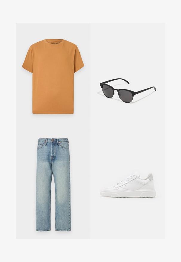 Barna, puffos, kapucnis dzseki cipzárral az elején, vízszintes varrásokkal és két oldalsó zsebbel. Fekete anyaggal bélelve.; Rövid ujjú póló egyszínű világosbarna színben, puha pamutból készült. Klasszikus kerek nyakkivágással és laza fazonnal rendelkezik.; Világoskék farmernadrág egyenes lábbal, öt zsebbel és bronz kiegészítőkkel. Minimális kopás, tiszta kivitel.; Fehér bőr sportcipő sima felülettel, kerek orral, lapos fűzőkkel és textúrált talppal. Szürke velúr díszítés a saroknál.; Fekete napszemüveg kerek lencsékkel, matt felülettel és jellegzetes macska szem formával. Vékony szárak, a bal oldali templomon diszkrét márkajelzéssel.