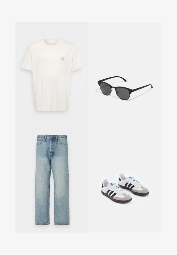Hnedá, nadýchaná, kapucňová bunda so zipsom vpredu, s horizontálnym prešívaním a dvoma bočnými vreckami. Podšitá čiernym materiálom.; Tričko s krátkym rukávom a okrúhlym výstrihom v off-white bavlne. Má malú grafiku slnka na ľavej strane hrude. Mäkká textúra, voľný strih.; Svetlo modré džínsy s rovnými nohavicami, piatimi vreckami a bronzovými detailmi. Minimálne vybielenie s čistým povrchom.; Športové topánky s bielym koženým zvrškom, šedou semišovou špičkou a tromi čiernymi pruhmi. Obsahujú modré logo na jazyku a štruktúrovanú gumovú podrážku.; Čierne slnečné okuliare s okrúhlymi šošovkami, matným povrchom a charakteristickým tvarom mačacích očí. Úzke ramená s nenápadným brandingom na ľvom chráničku.