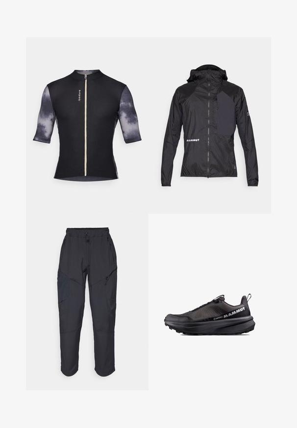 Let jakke i sort med lynlås foran, hætte og kontrasterende mørkt panel. Har "MAMMUT" logoet og struktureret stof.; Korte ærmer cykeltrøje med en ribbet sort krop og teksturerede grå ærmer med et falmet mønster, komplet med en frontlynlås og logo.; Sorte cargo bukser lavet af et let, vandafvisende materiale; har elastisk talje, flere lynlåslommer og tætsiddende ben.; Mammut AENERGY MTN LOW GTX - Hikingsko - iguana black