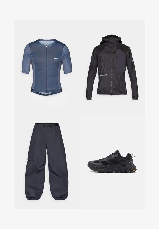Veste noire légère avec fermeture éclair devant, capuche et panneau sombre contrastant. Possède le logo "MAMMUT" et un tissu texturé.; Maillot de cyclisme à manches courtes en bleu foncé, fabriqué en tissu texturé avec une fermeture éclair sur le devant et un logo POC sur la poitrine.; Pantalons cargo gris foncé en matériau doux et durable. Ils présentent une coupe large et ample, de multiples poches et une ceinture à la taille pour l'ajustement.; Baskets de sport noires avec une semelle épaisse, tige en mesh et synthétique, accents texturés et marque Vibram sur la semelle extérieure.
