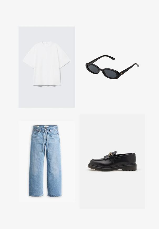 Brown, long-sleeve jacket with a collared neck, two front pockets, and a straight cut design. Made of smooth, lightweight fabric.; White oversized t-shirt made of cotton. Features short sleeves, a crew neckline, and subtle stitching details. Brand logo at neck.; Light blue denim wide-leg jeans with a high waist, button and zip closure, and a drawstring detail at the waist. Raw hem finish.; Black leather loafers with a rounded toe, decorative fringe, and gold hardware accent. Thick rubber sole for added traction and durability.; Black oversized sunglasses with oval lenses, smooth plastic frame, and gold accents on temple. Dark lenses provide sun protection.