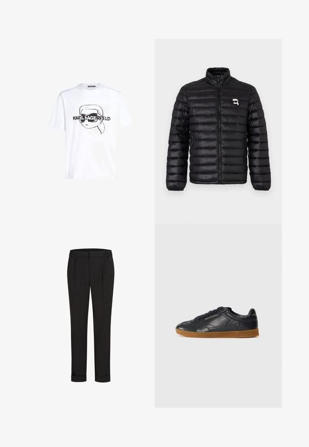 Juodas pūkuotukas su aukštu kaklu, horizontaliu siuvimu ir logotipu krūtinėje. Pagamintas iš blizgaus medžiagos, su elastinėmis rankovėmis ir užtrauktuku.; Balta medvilnė marškinėliai su juodu iliustruotu veidu, dėvinčiu akinius nuo saulės, ir žemiau esančiu tekstu "KARL LAGERFELD" drąsiu šriftu. Trumpomis rankovėmis, su apvalia iškirpte.; Juodi kelnių su elastinga juosmena, tiesaus kirpimo ir sukurtomis rankovėmis. Pagaminti iš lygaus, audinio be raštų.; Juodas odinis sportinis batelis su apvaliu nosies dizainu, raišteliais ir kontrastinga gumine sola. Šone ir gale yra iškilus prekės ženklas.