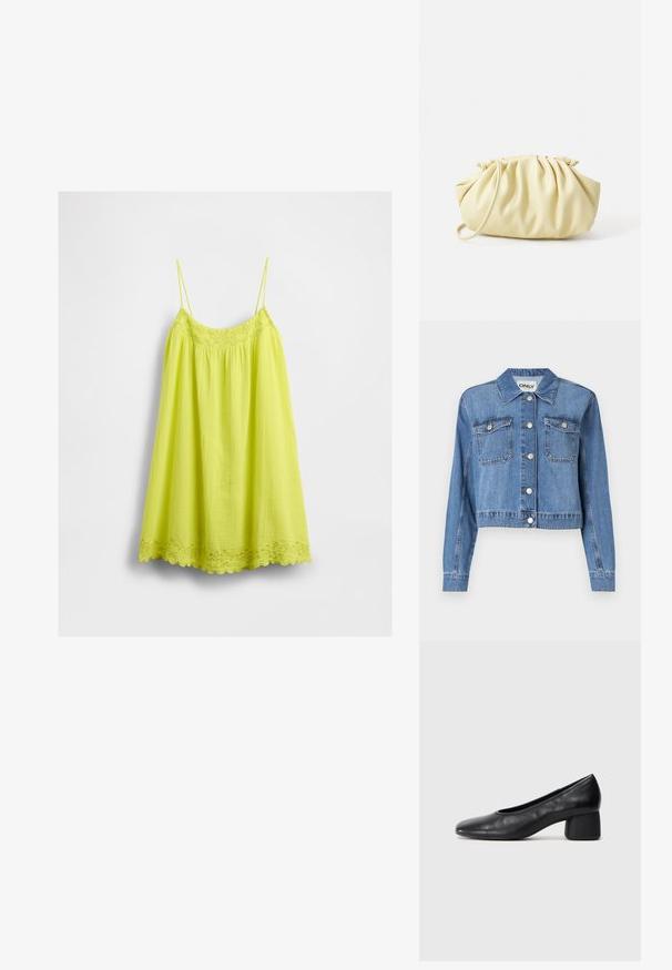 Jaqueta de denim azul clara com um design cropped, botões frontais, dois bolsos no peito e colarinho pontudo. Apresenta uma textura suave.; Vestido amarelo sem mangas com alças finas, bordado floral na gola e na barra, tecido leve, pendurado contra um fundo branco.; Sapato de salto preto em couro com bico arredondado e salto médio bloco. Textura suave com detalhes mínimos, apresentando uma abertura elástica discreta.; Bolsa plissada amarela feita de couro sintético suave, com uma forma suave, uma única alça de ombro e design de topo franzido.