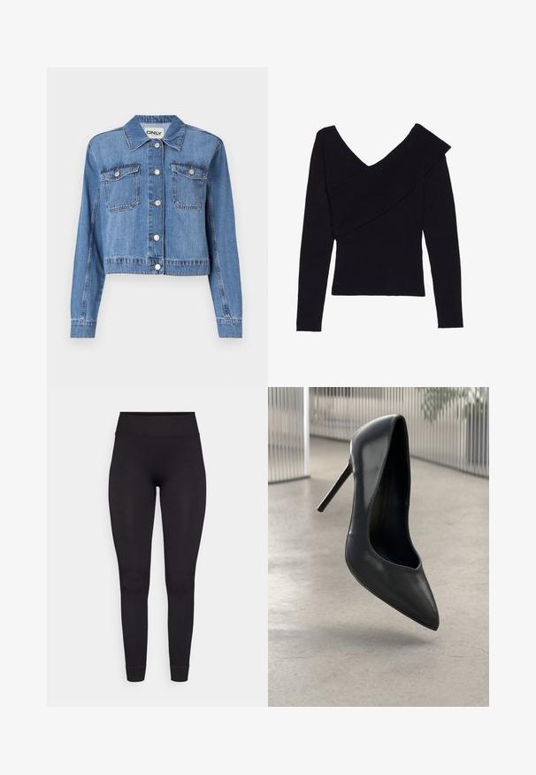 Světle modrá džínová bunda s krátkým střihem, předními knoflíky, dvěma náprsními kapsami a špičatým límcem. Má hladkou texturu.; Even&Odd Svetr - black; Černé žebrované legíny s vysokým pasem, pružný materiál a přiléhavý střih, zúžené u kotníků bez dalších vzorů nebo akcentů.; Černé kožené lodičky na vysokém podpatku se špičatou špičkou, elegantní design a bez viditelné mechaniky. Hladká textura a minimalistický styl.