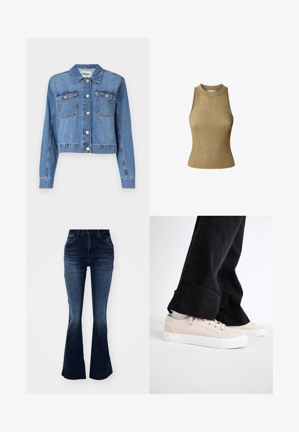 Jaqueta de denim azul clara com um design cropped, botões frontais, dois bolsos no peito e colarinho pontudo. Apresenta uma textura suave.; Top sem mangas em tecido dourado metálico, com um decote redondo alto e uma forma ajustada para uma silhueta elegante.; Jeans flare em denim escuro com cintura alta, design de cinco bolsos e textura ligeiramente desgastada, com uma abertura larga nos punhos.; Sapatilhas de tela beje claro com solas de borracha branca, atacadores e detalhes laterais subtis, combinadas com jeans largos pretos, com efeito desgastado.
